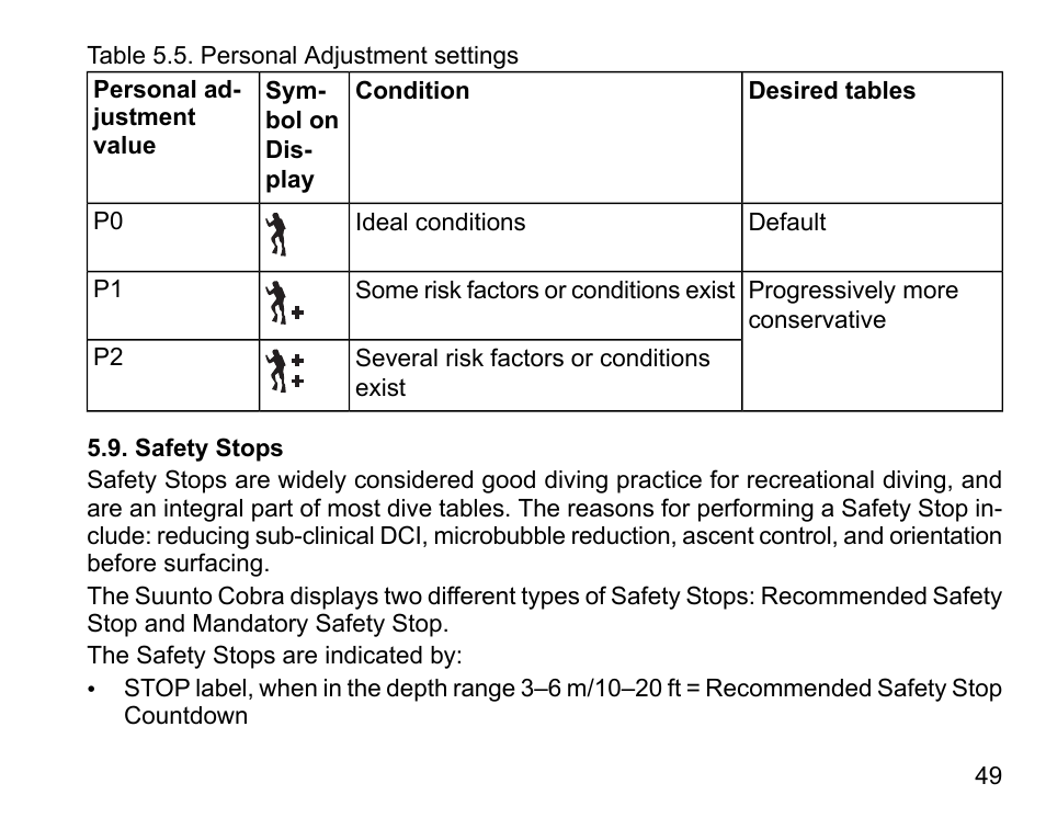 Safety stops | SUUNTO COBRA User Guide User Manual | Page 49 / 123