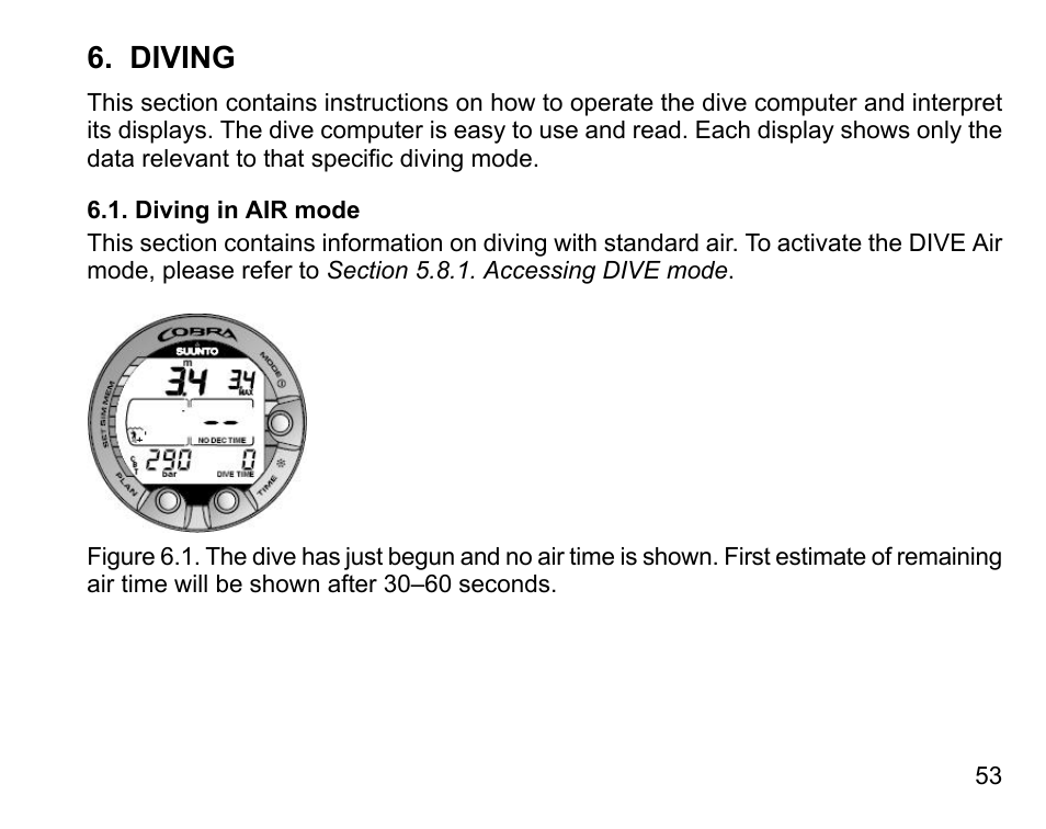 Diving, Diving in air mode | SUUNTO COBRA User Guide User Manual | Page 53 / 123