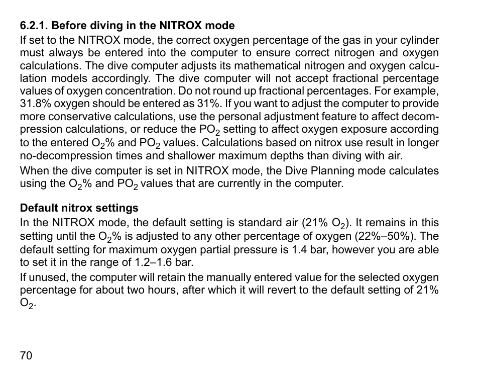 Before diving in the nitrox mode, Default nitrox settings | SUUNTO COBRA User Guide User Manual | Page 70 / 123