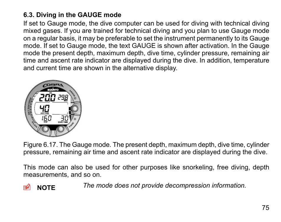 Diving in the gauge mode | SUUNTO COBRA User Guide User Manual | Page 75 / 123