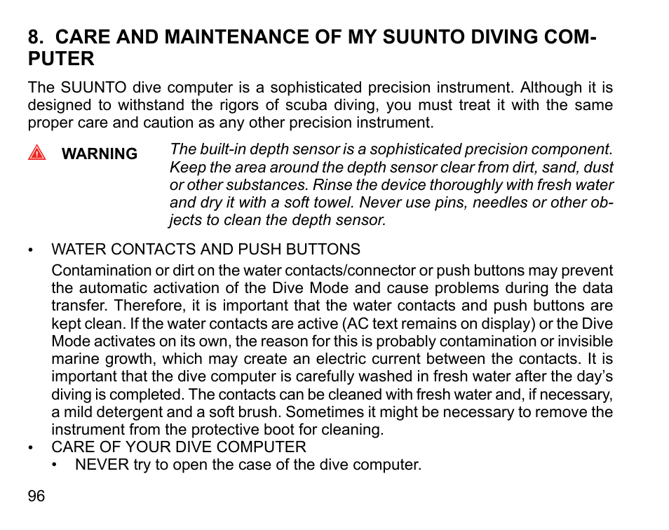 Care and maintenance of my suunto diving computer | SUUNTO COBRA User Guide User Manual | Page 96 / 123