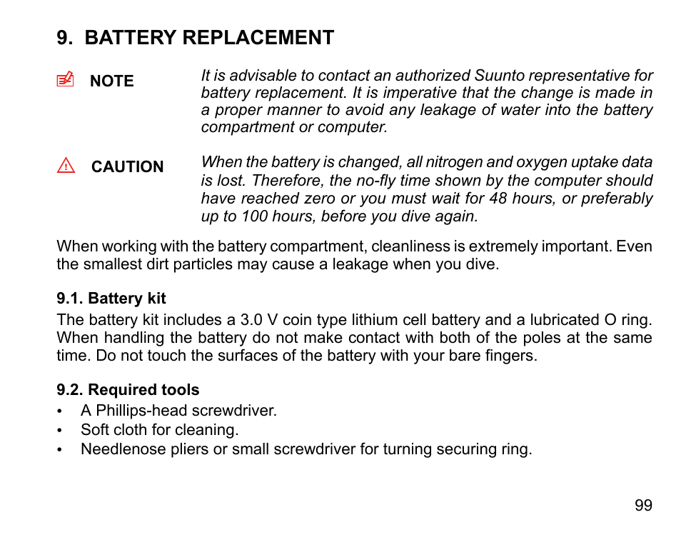 Battery replacement, Battery kit, Required tools | 99 9.2. required tools | SUUNTO COBRA User Guide User Manual | Page 99 / 123