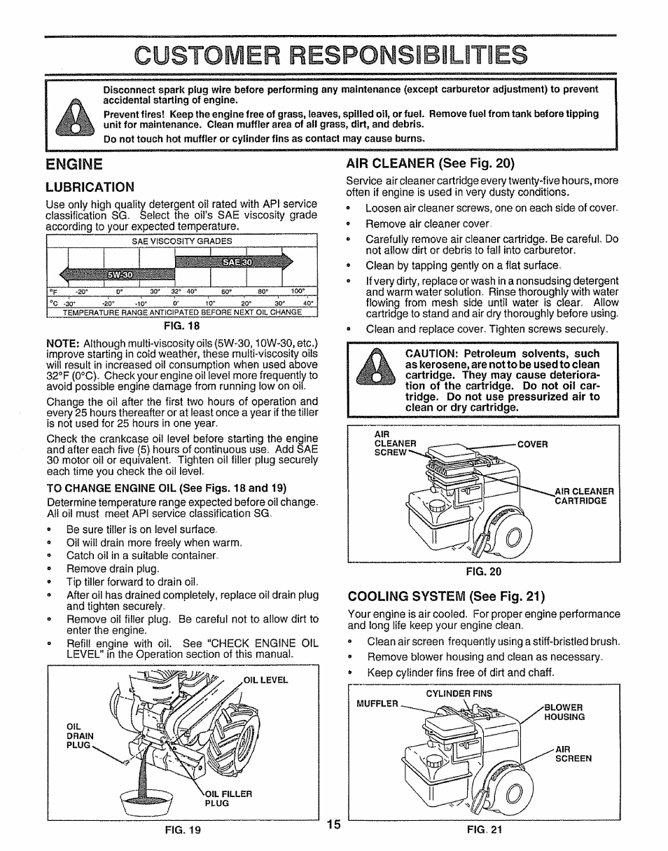 Air cleaner (see fig. 20), Cooling system (see fig. 21), Customer responsibilities | Engine | Craftsman 917.295550 User Manual | Page 15 / 36
