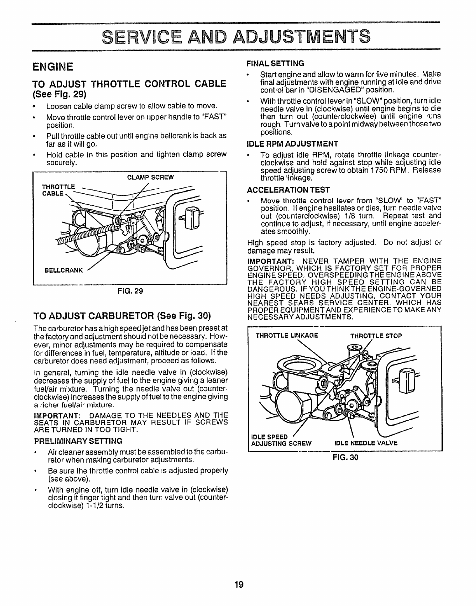 Engine, To adjust throttle control cable (see fig. 29), To adjust carburetor (see fig. 30) | Service and adjustments | Craftsman 917.295550 User Manual | Page 19 / 36