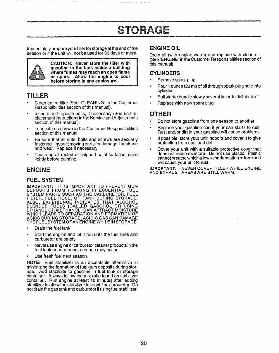 Fuel system, Engine oil, Cylinders | Other, Storage, Tiller, Engine | Craftsman 917.295550 User Manual | Page 20 / 36