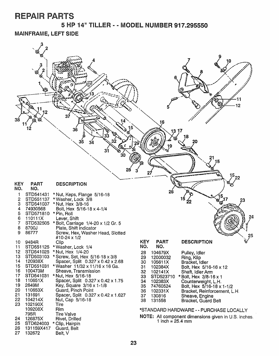 Repair parts, 5 hp 14" tiller, Mainframe, leftside | Model number 917.295550 | Craftsman 917.295550 User Manual | Page 23 / 36