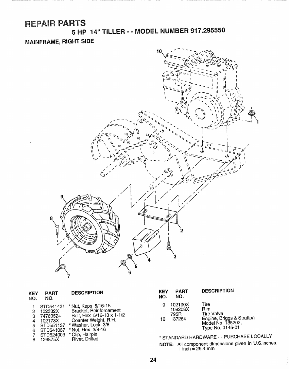 Repair parts, 5 hp 14" tiller - - model number 917.295550, Mainframe, right side | Craftsman 917.295550 User Manual | Page 24 / 36