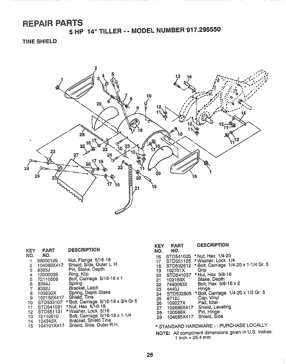 Tine shield, Repair parts | Craftsman 917.295550 User Manual | Page 26 / 36