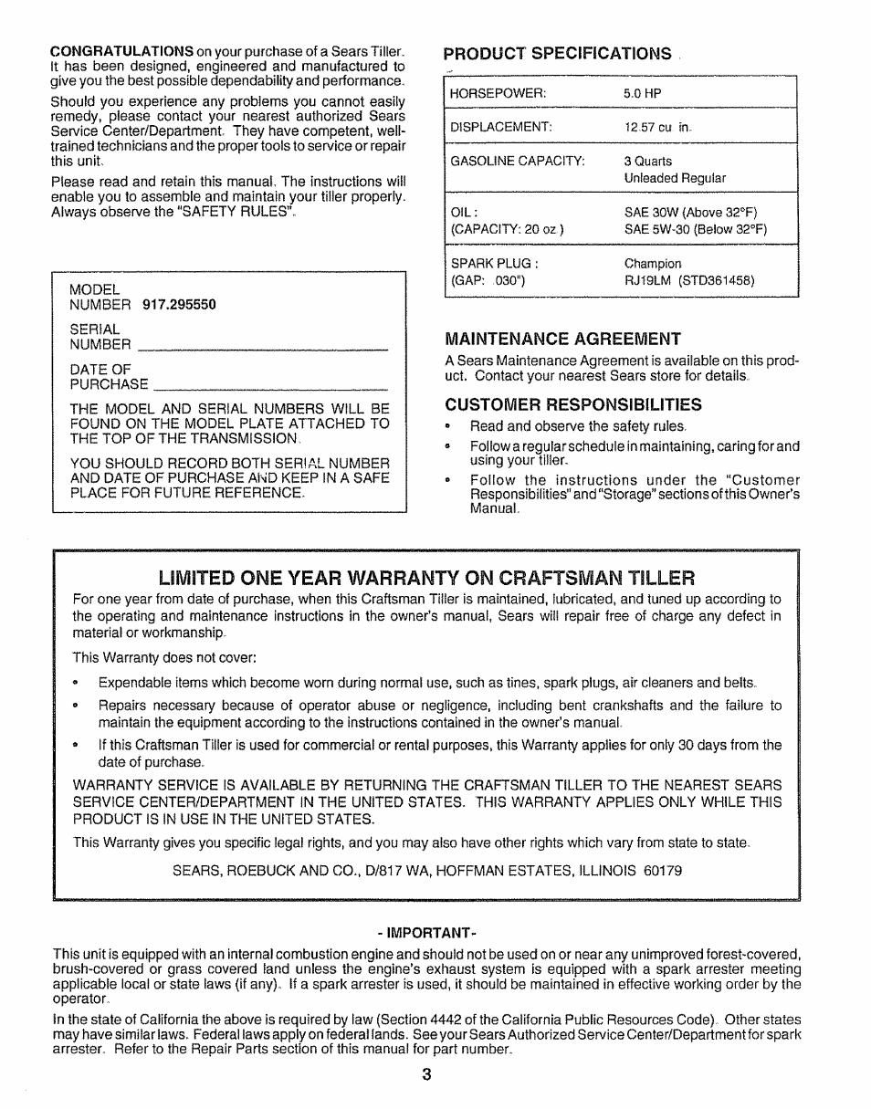 Product specifications, Maintenance agreement, Customer responsibilities | Limited one year warranty on craftsman tiller | Craftsman 917.295550 User Manual | Page 3 / 36