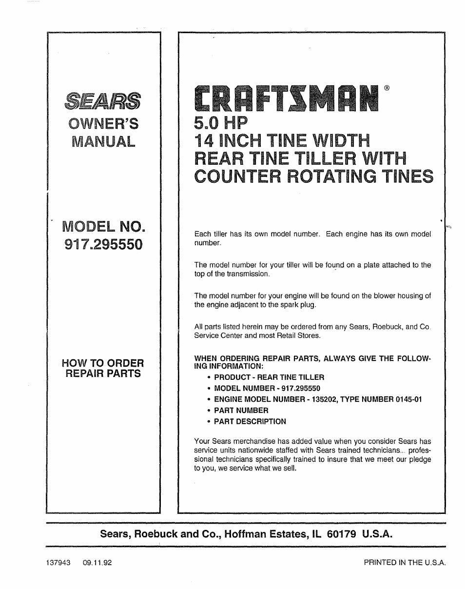 How to order repair parts, Ciiftsmii, 0 hp 14 inch tine width | Rear tine tiller with counter rotating tines, Owner’s | Craftsman 917.295550 User Manual | Page 36 / 36