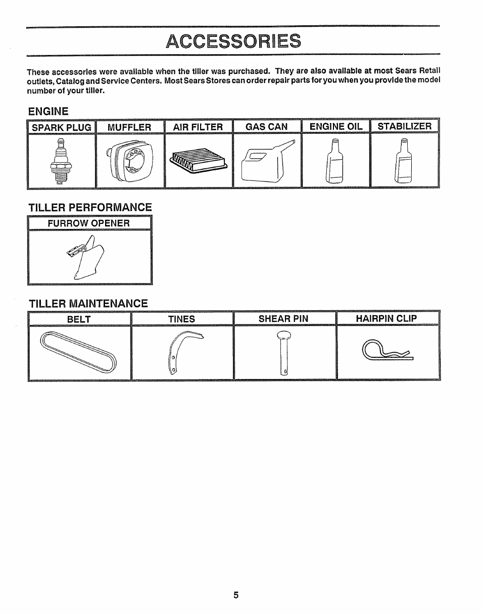 Engine, Tiller performance, Tiller maintenance | Accessories | Craftsman 917.295550 User Manual | Page 5 / 36