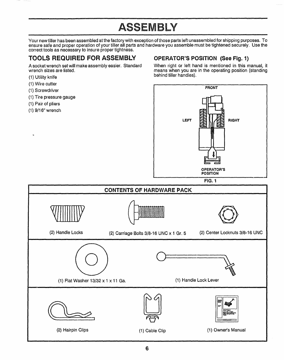 Tools required for assembly, Contents of hardware pack, Assembly | Craftsman 917.295550 User Manual | Page 6 / 36