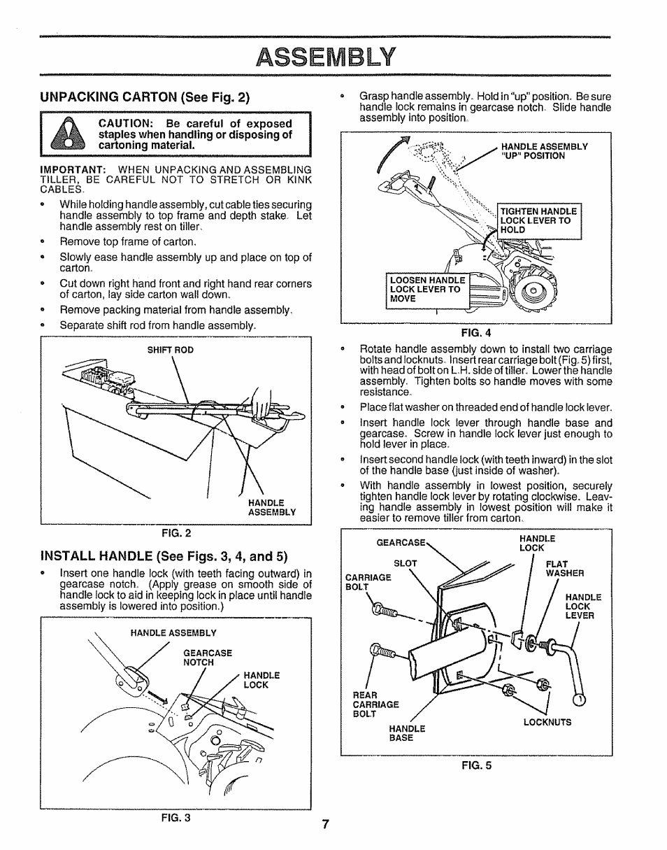 Unpacking carton (see fig. 2), Install handle (see figs. 3, 4, and 5), Assembly | Craftsman 917.295550 User Manual | Page 7 / 36