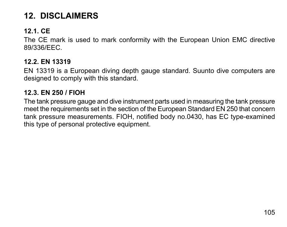 Disclaimers, En 13319, En 250 / fioh | 105 12.2. en 13319, 105 12.3. en 250 / fioh | SUUNTO COBRA3 User Guide User Manual | Page 105 / 114