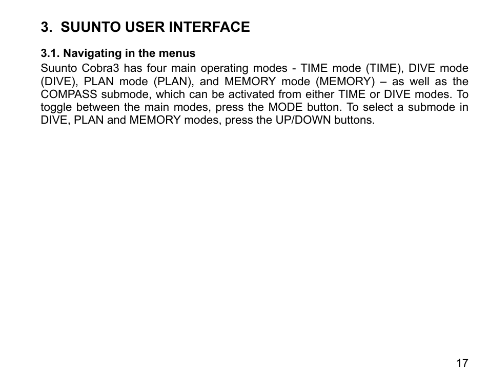 Suunto user interface, Navigating in the menus | SUUNTO COBRA3 User Guide User Manual | Page 17 / 114