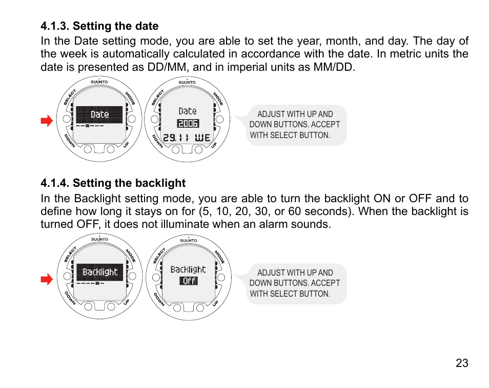 Setting the date, Setting the backlight, 23 4.1.4. setting the backlight | SUUNTO COBRA3 User Guide User Manual | Page 23 / 114