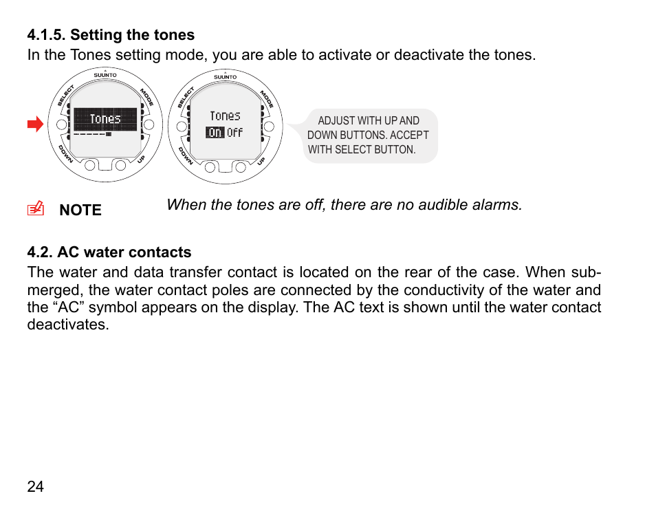 Setting the tones, Ac water contacts | SUUNTO COBRA3 User Guide User Manual | Page 24 / 114