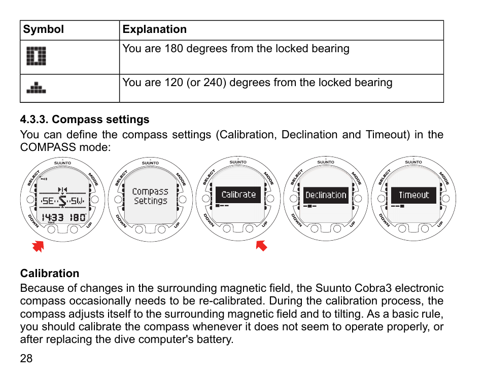 Compass settings, Calibration | SUUNTO COBRA3 User Guide User Manual | Page 28 / 114