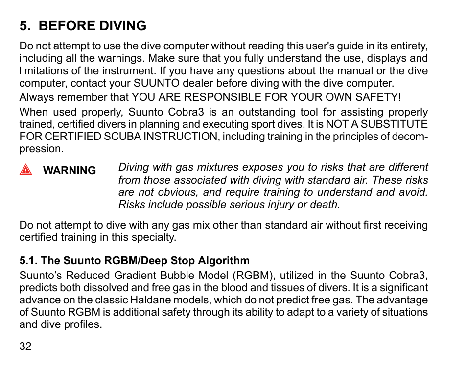 Before diving, The suunto rgbm/deep stop algorithm | SUUNTO COBRA3 User Guide User Manual | Page 32 / 114