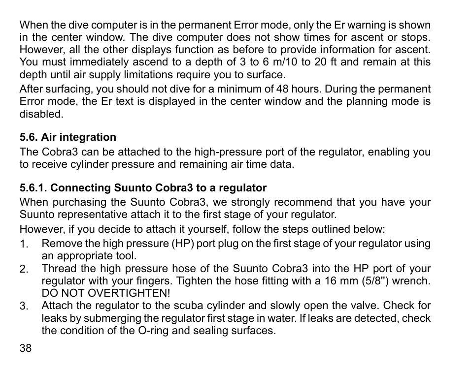 Air integration, Connecting suunto cobra3 to a regulator | SUUNTO COBRA3 User Guide User Manual | Page 38 / 114