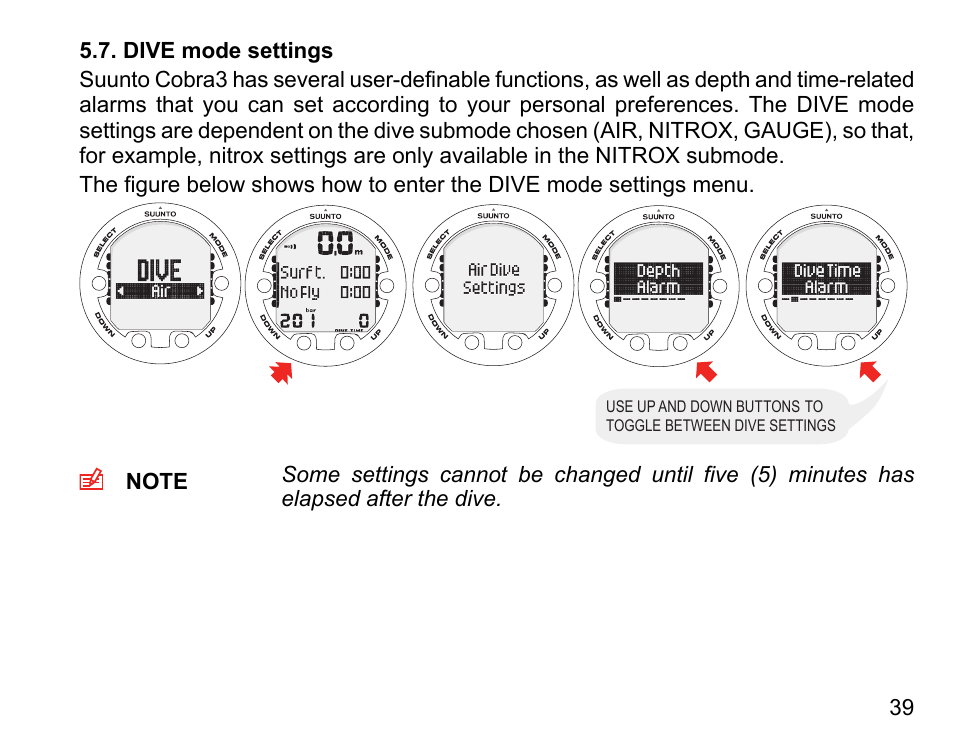 Dive mode settings | SUUNTO COBRA3 User Guide User Manual | Page 39 / 114