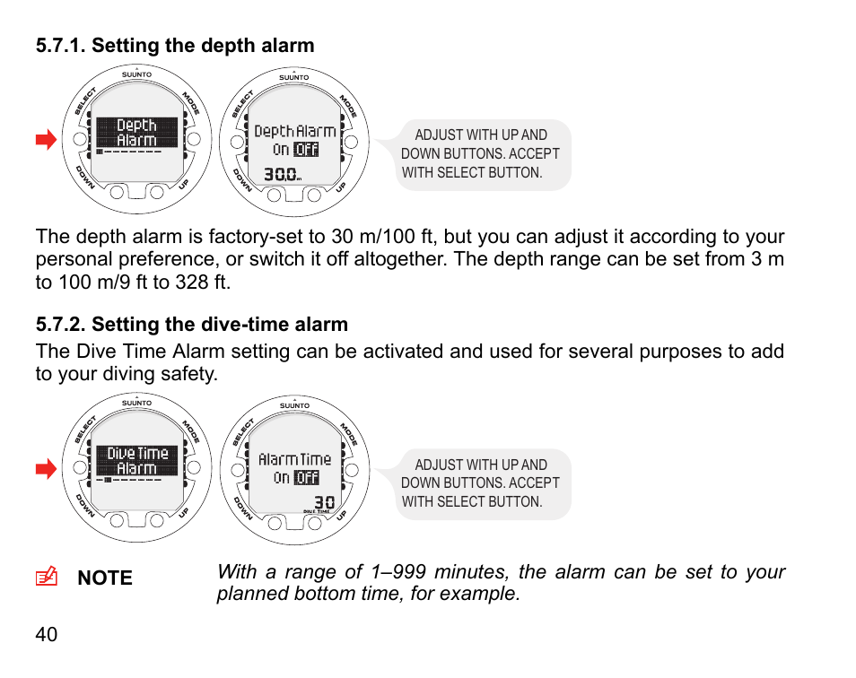 Setting the depth alarm, Setting the dive-time alarm, 40 5.7.2. setting the dive-time alarm | SUUNTO COBRA3 User Guide User Manual | Page 40 / 114