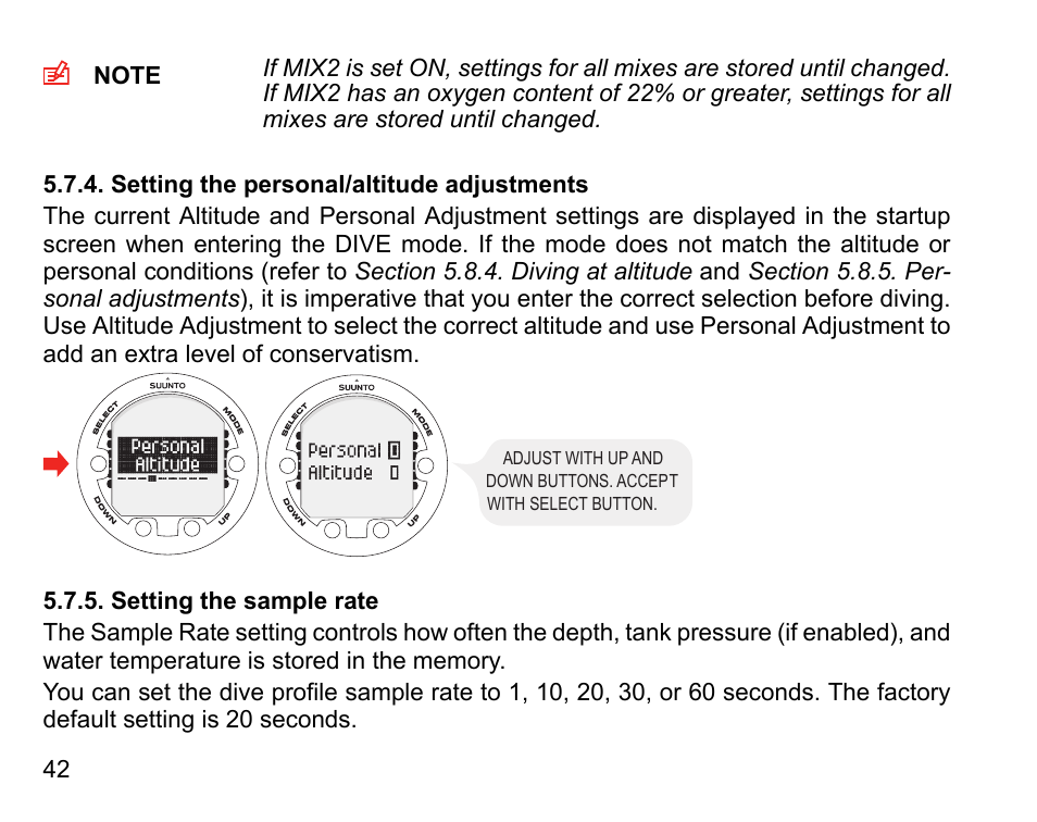 Setting the personal/altitude adjustments, Setting the sample rate, 42 5.7.5. setting the sample rate | SUUNTO COBRA3 User Guide User Manual | Page 42 / 114