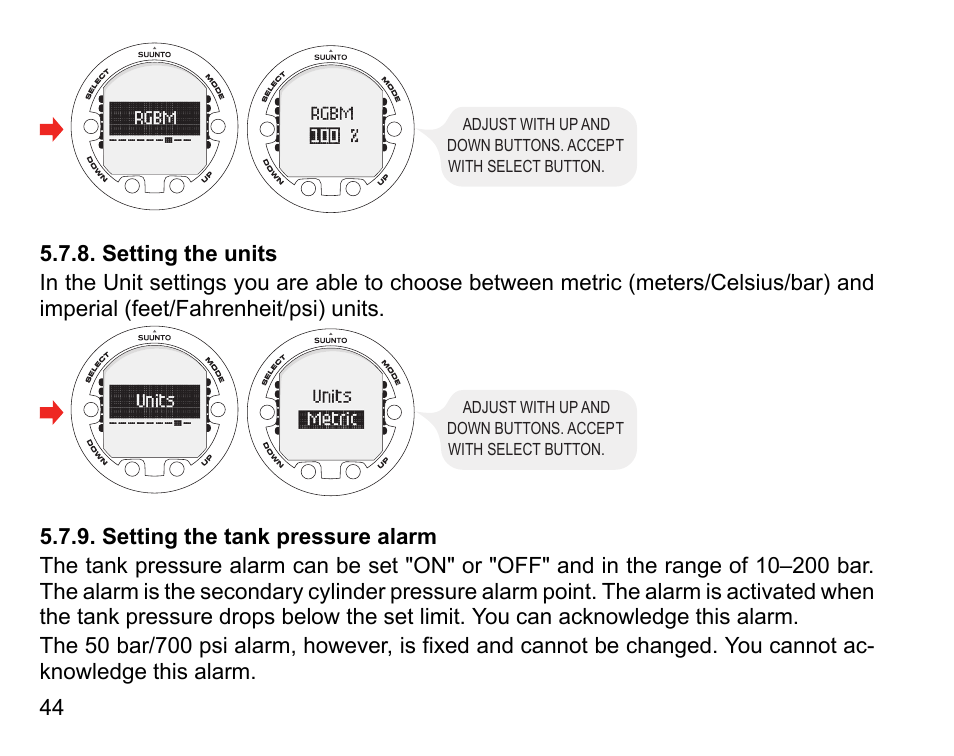 Setting the units, Setting the tank pressure alarm, 44 5.7.9. setting the tank pressure alarm | SUUNTO COBRA3 User Guide User Manual | Page 44 / 114