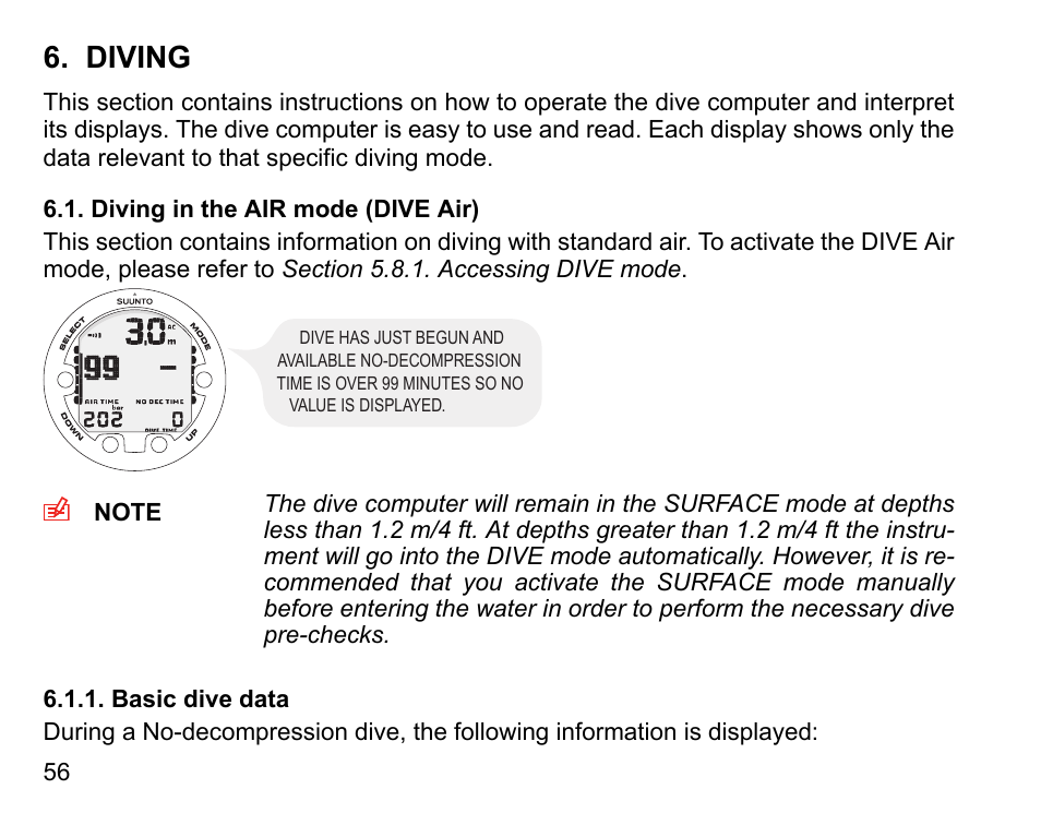 Diving, Diving in the air mode (dive air), Basic dive data | SUUNTO COBRA3 User Guide User Manual | Page 56 / 114