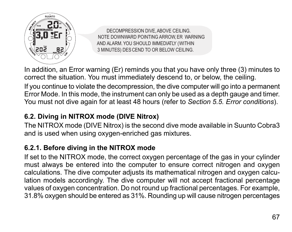 Diving in nitrox mode (dive nitrox), Before diving in the nitrox mode | SUUNTO COBRA3 User Guide User Manual | Page 67 / 114