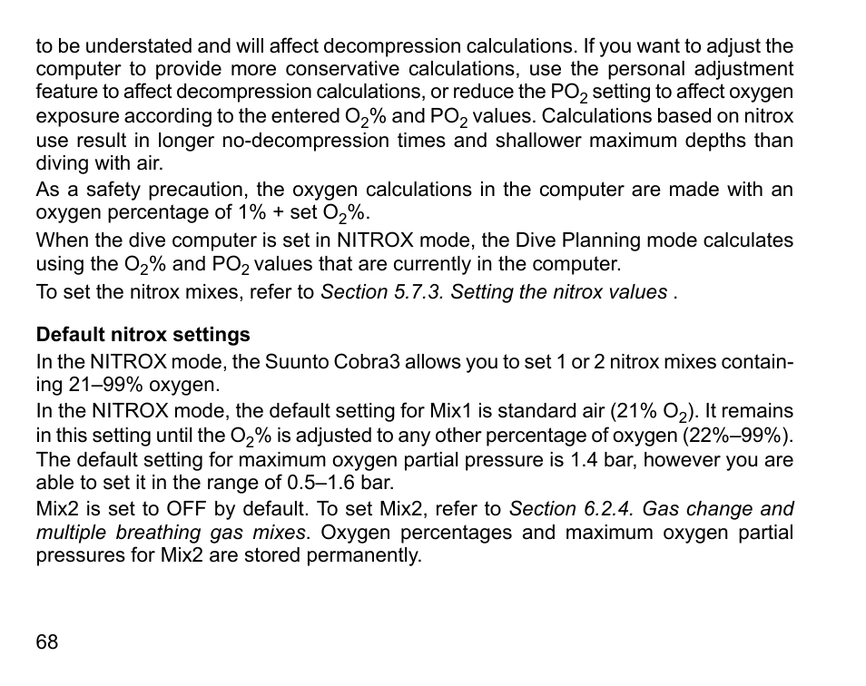 Default nitrox settings | SUUNTO COBRA3 User Guide User Manual | Page 68 / 114