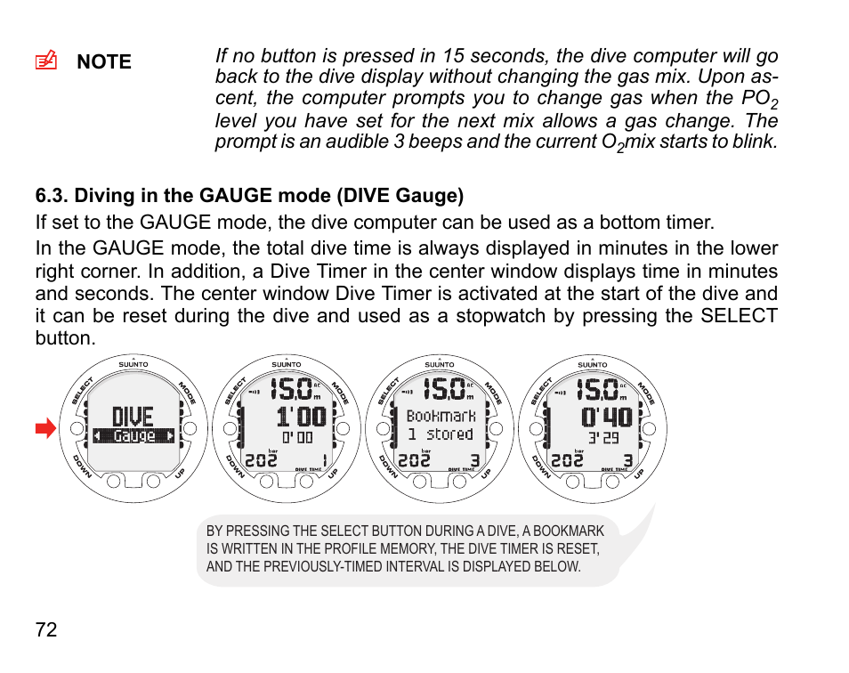 Diving in the gauge mode (dive gauge) | SUUNTO COBRA3 User Guide User Manual | Page 72 / 114