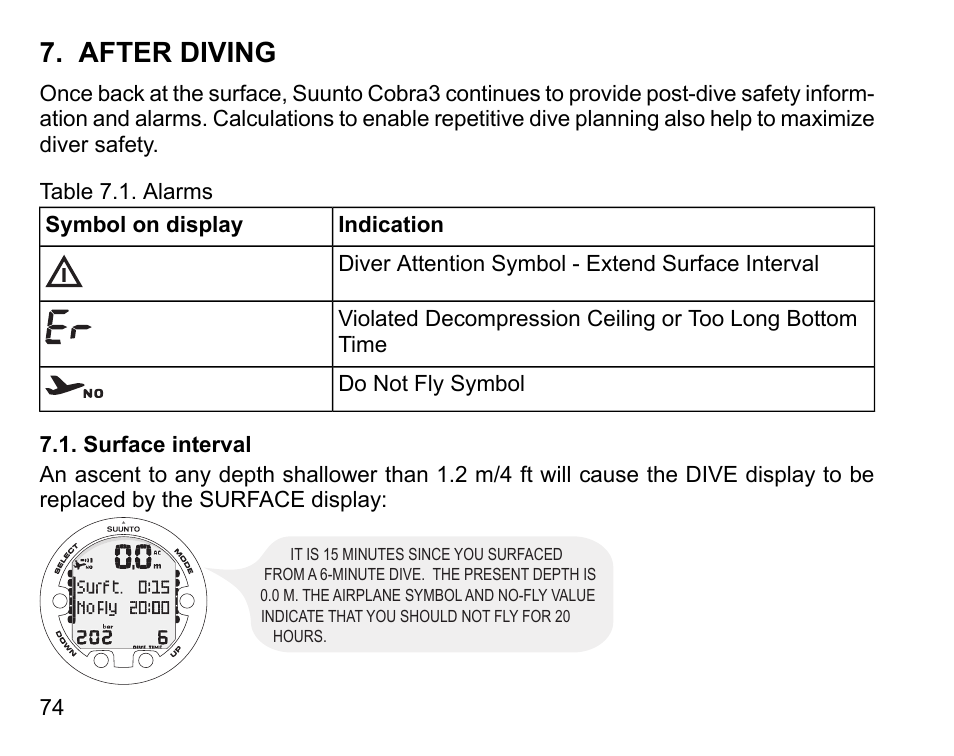 After diving, Surface interval | SUUNTO COBRA3 User Guide User Manual | Page 74 / 114