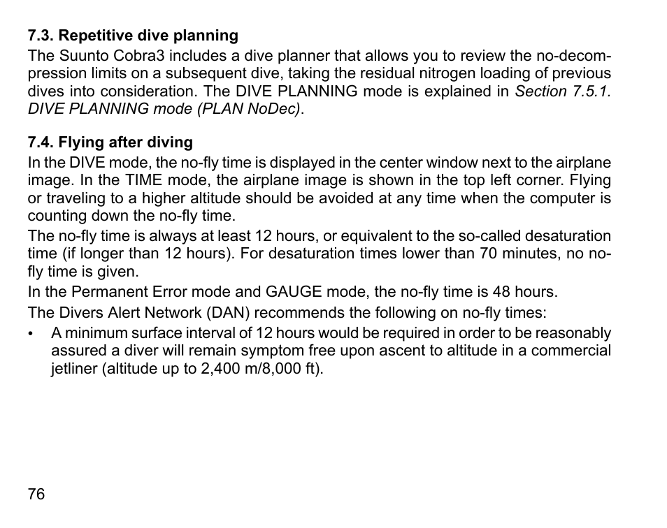 Repetitive dive planning, Flying after diving, 76 7.4. flying after diving | SUUNTO COBRA3 User Guide User Manual | Page 76 / 114