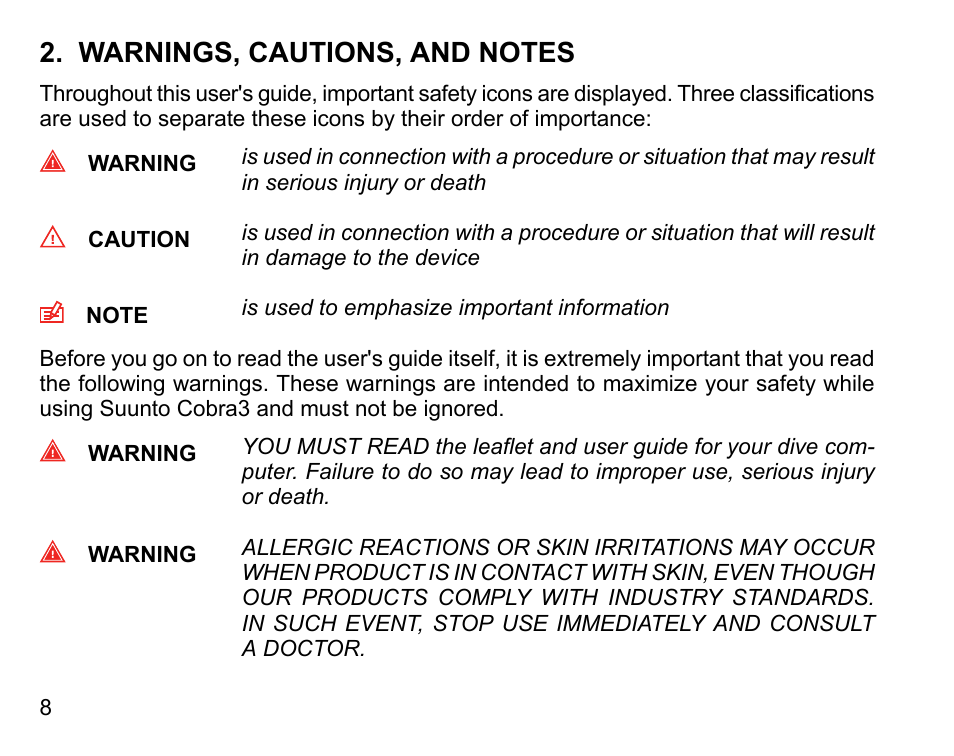 Warnings, cautions, and notes | SUUNTO COBRA3 User Guide User Manual | Page 8 / 114