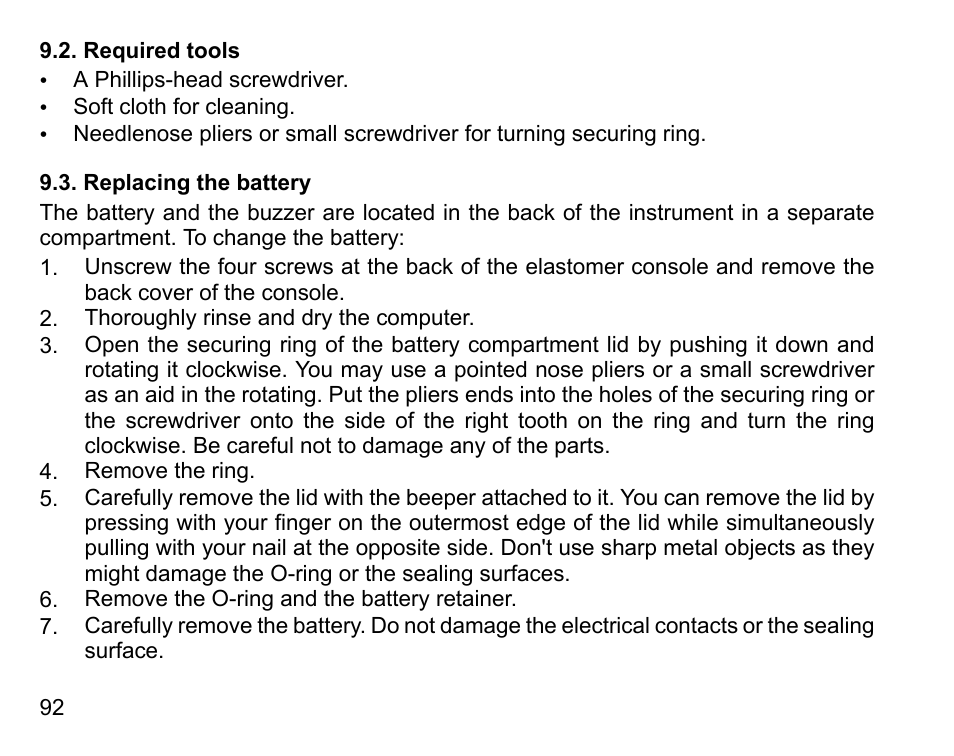 Required tools, Replacing the battery, 92 9.3. replacing the battery | SUUNTO COBRA3 User Guide User Manual | Page 92 / 114