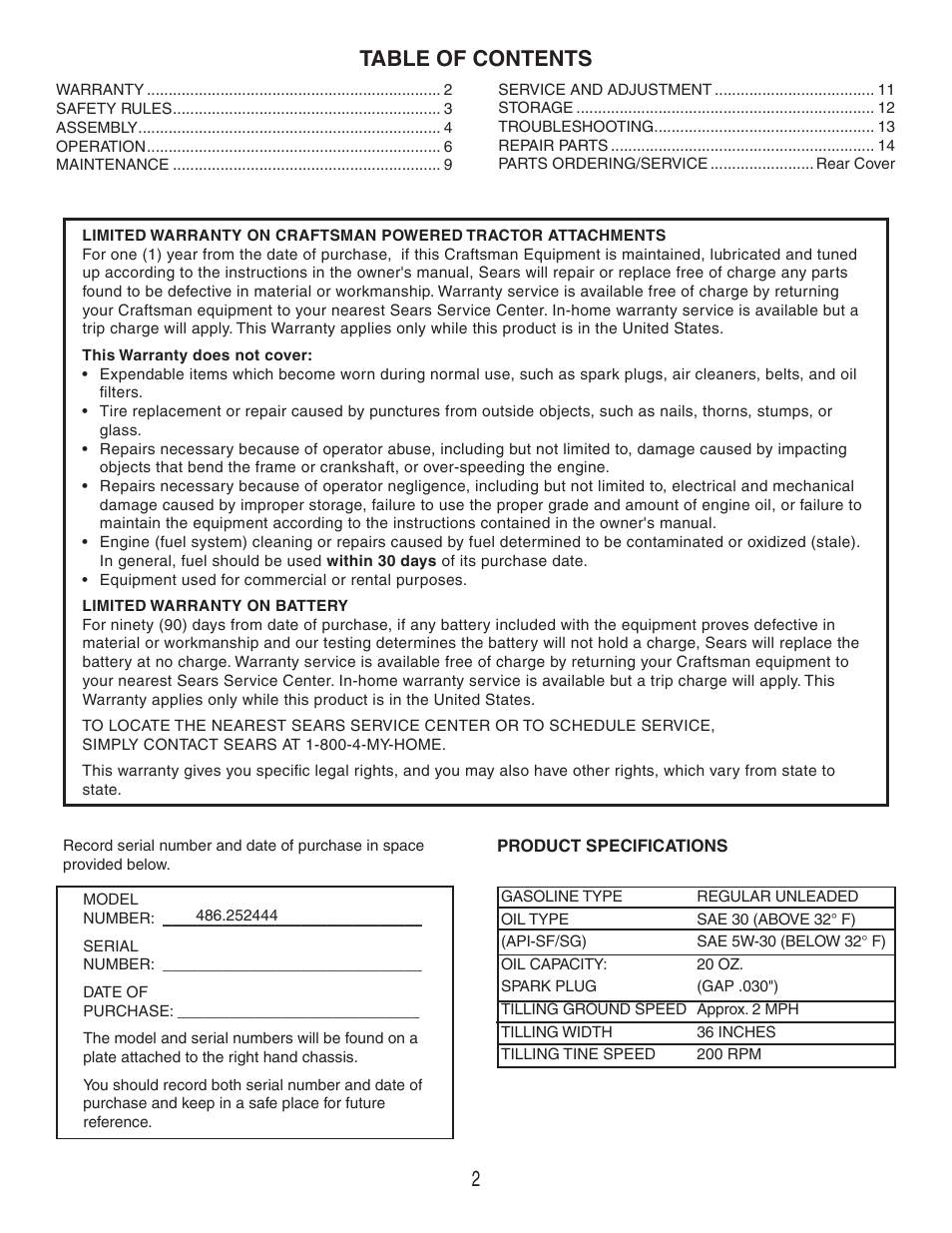 Craftsman 486.252444 User Manual | Page 2 / 20