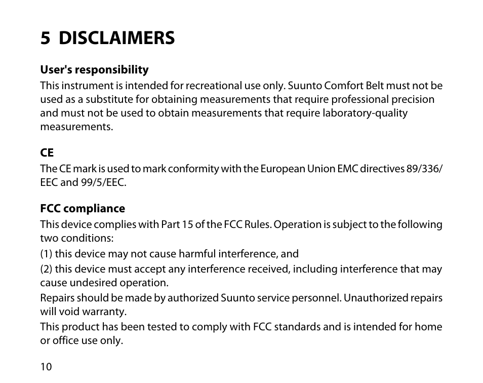 5 disclaimers, User's responsibility, 10 ce | 10 fcc compliance | SUUNTO DUAL COMFORT BELT User Manual | Page 10 / 12