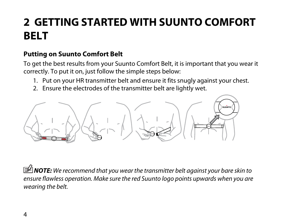 2 getting started with suunto comfort belt, Putting on suunto comfort belt | SUUNTO DUAL COMFORT BELT User Manual | Page 4 / 12