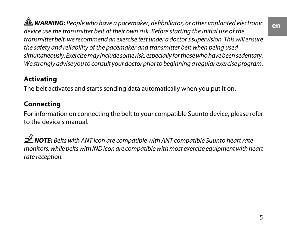 Activating, 5 connecting | SUUNTO DUAL COMFORT BELT User Manual | Page 5 / 12