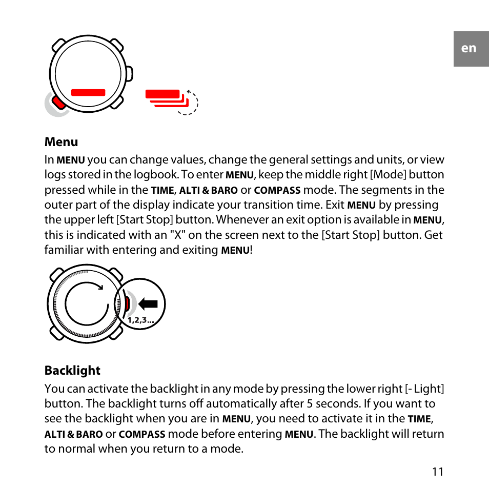 Menu, Backlight | SUUNTO Core User Manual | Page 11 / 58