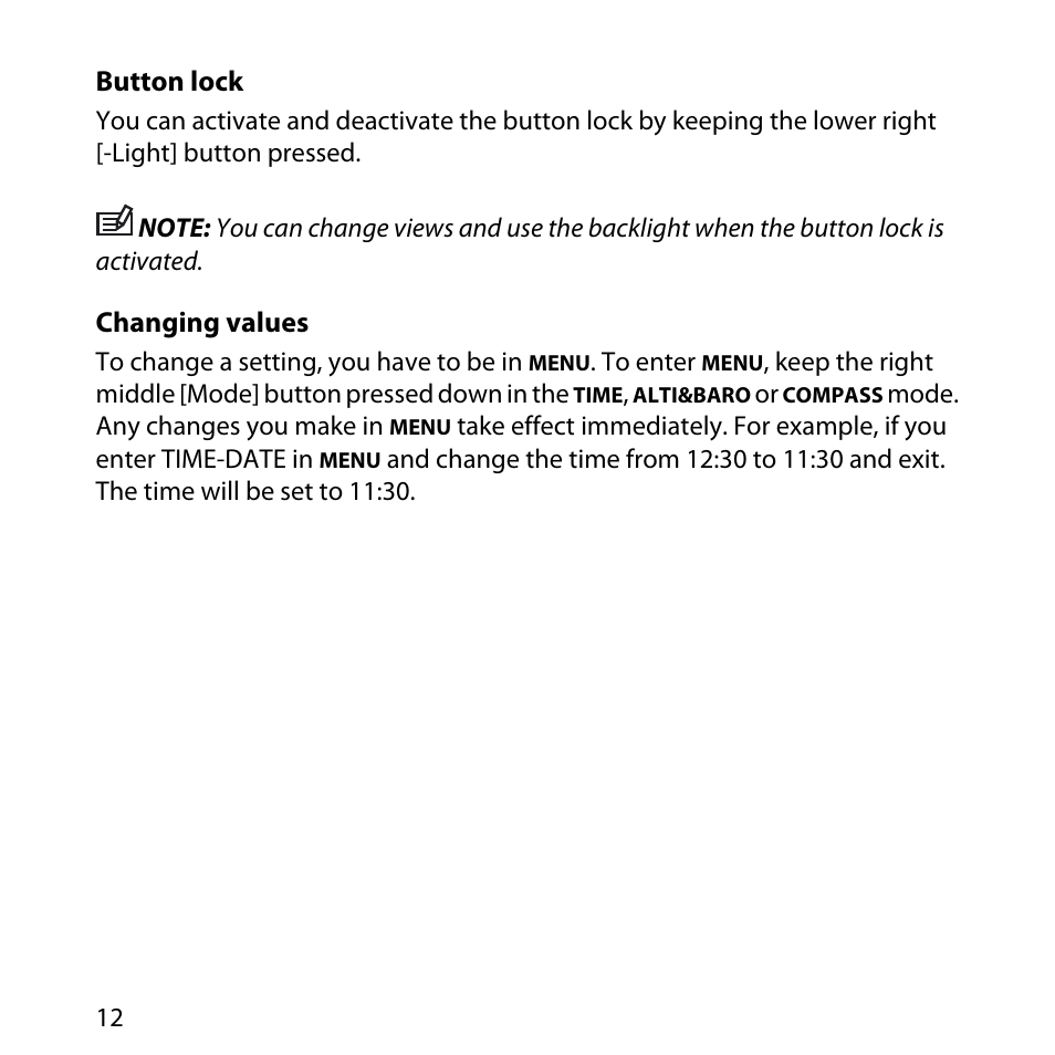 Button lock, 12 changing values | SUUNTO Core User Manual | Page 12 / 58