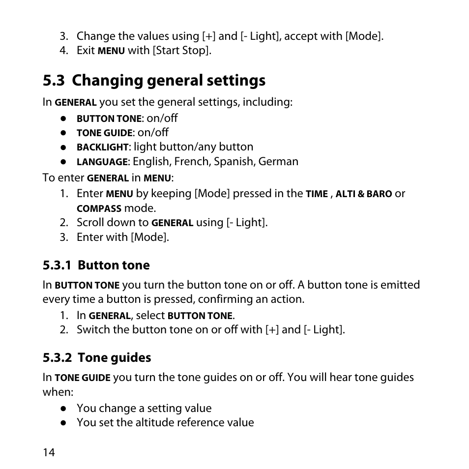 3 changing general settings, 1 button tone, 2 tone guides | 14 5.3.2 tone guides | SUUNTO Core User Manual | Page 14 / 58