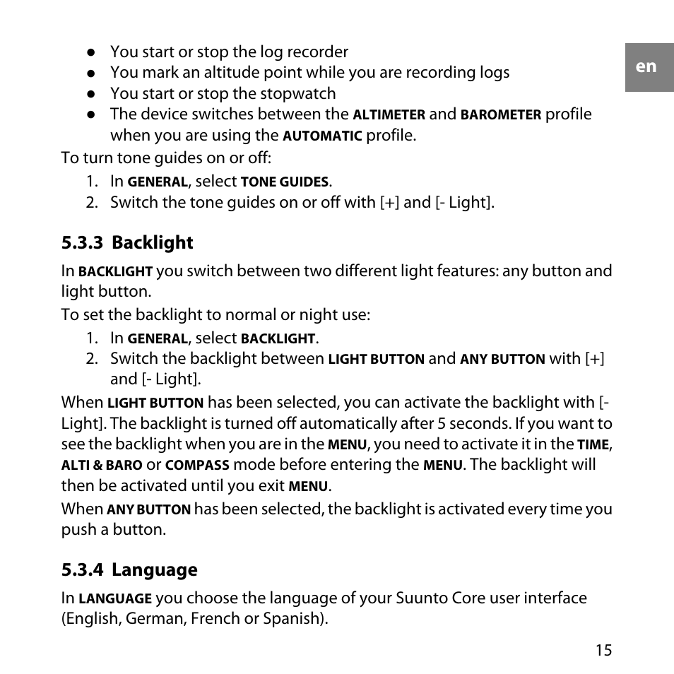 3 backlight, 4 language, 15 5.3.4 language | SUUNTO Core User Manual | Page 15 / 58