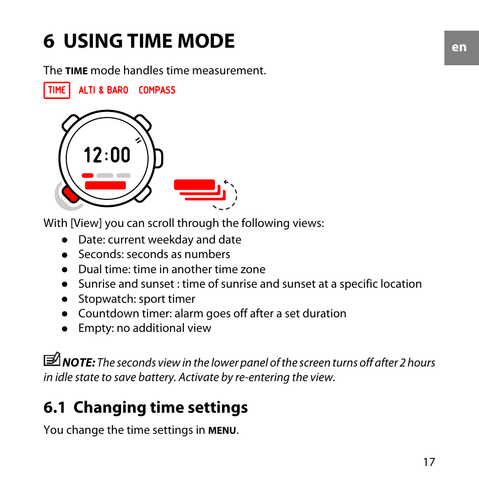 6 using time mode, 1 changing time settings | SUUNTO Core User Manual | Page 17 / 58