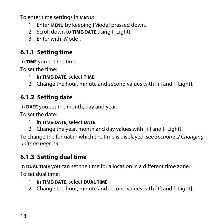 1 setting time, 2 setting date, 3 setting dual time | 18 6.1.3 setting dual time | SUUNTO Core User Manual | Page 18 / 58