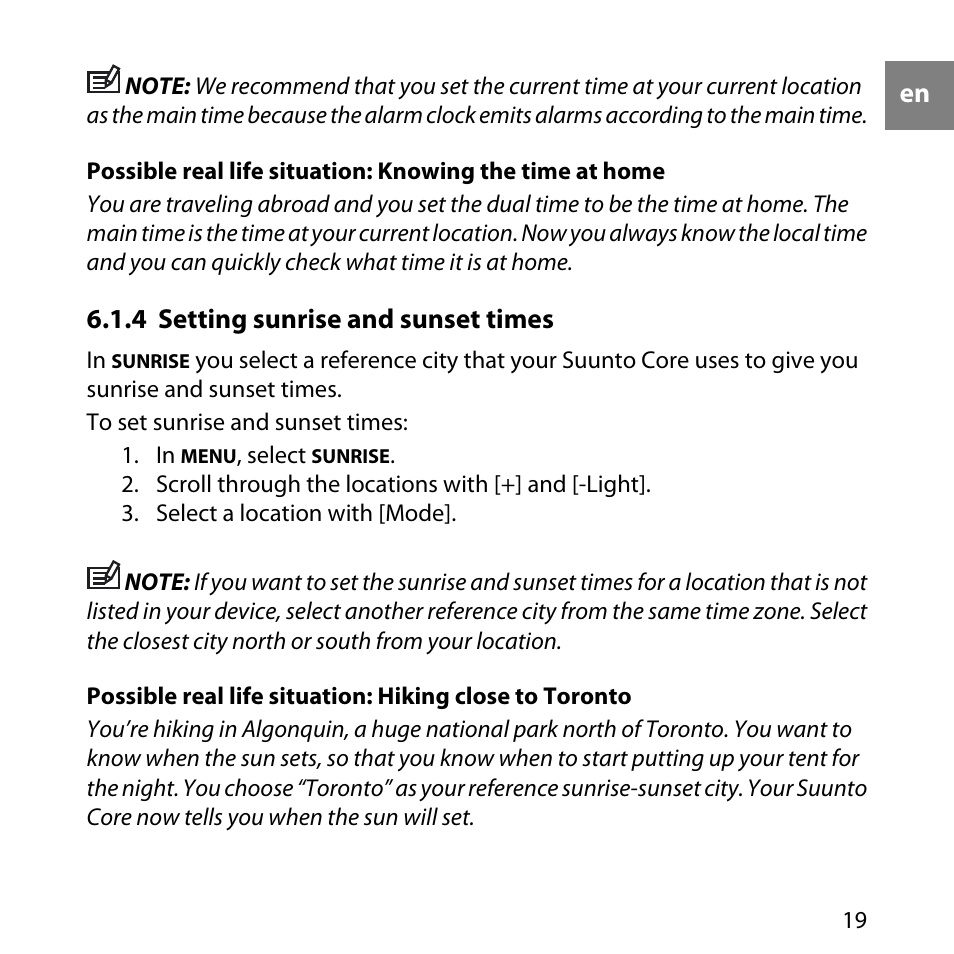 4 setting sunrise and sunset times | SUUNTO Core User Manual | Page 19 / 58