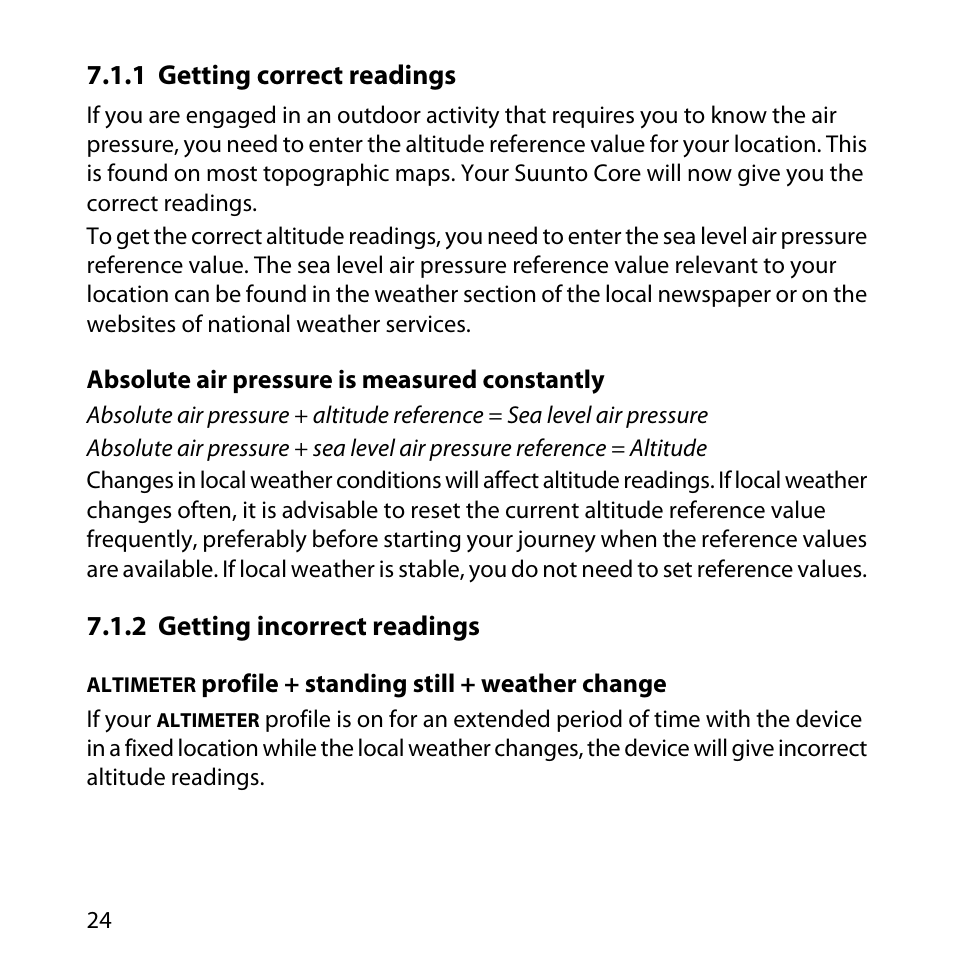 1 getting correct readings, 2 getting incorrect readings, 24 7.1.2 getting incorrect readings | SUUNTO Core User Manual | Page 24 / 58