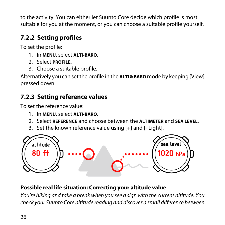 2 setting profiles, 3 setting reference values, 26 7.2.3 setting reference values | SUUNTO Core User Manual | Page 26 / 58