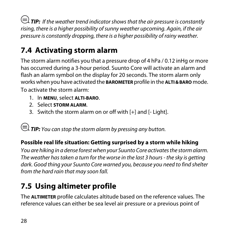 4 activating storm alarm, 5 using altimeter profile, 28 7.5 using altimeter profile | SUUNTO Core User Manual | Page 28 / 58